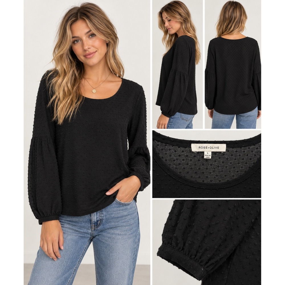 Rose + Olive Black Clip Dot Balloon Sleeve Scoop Neck Blouse Top Large